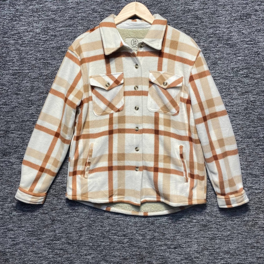 SAGE Collective Plaid Sherpa Lined Fleece Shacket Womens Medium Tan Brown Jacket